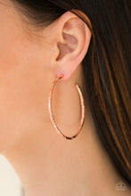 Load image into Gallery viewer, Etched in ribbons of diamond-cut shimmer, a shiny copper hoop curls around the ear for a classic look. Earring attaches to a standard post fitting. Hoop measures 2 1/4&quot; in diameter.  Sold as one pair of hoop earrings.
