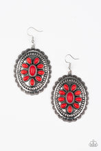 Load image into Gallery viewer, Fiery red stones dance across the front of a scalloped silver frame, coalescing into an earthy floral pattern for a seasonal finish. Earring attaches to a standard fishhook fitting. Sold as one pair of earrings.
