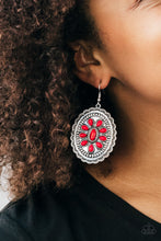 Load image into Gallery viewer, Fiery red stones dance across the front of a scalloped silver frame, coalescing into an earthy floral pattern for a seasonal finish. Earring attaches to a standard fishhook fitting. Sold as one pair of earrings.
