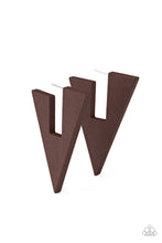 Load image into Gallery viewer, Painted in an earthy brown finish, a wooden frame is cut into an edgy triangular shape for a retro vibe. Earring attaches to a standard post fitting. Hoop measures approximately 1 1/2" in diameter. Sold as one pair of hoop earrings.
