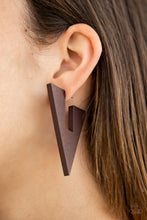 Load image into Gallery viewer, Painted in an earthy brown finish, a wooden frame is cut into an edgy triangular shape for a retro vibe. Earring attaches to a standard post fitting. Hoop measures approximately 1 1/2" in diameter. Sold as one pair of hoop earrings.
