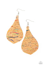 Load image into Gallery viewer, Streaked in colorful multicolored accents, a teardrop cork frame swings from the ear for a trendy vibe. Earring attaches to a standard fishhook fitting. Sold as one pair of earrings.

