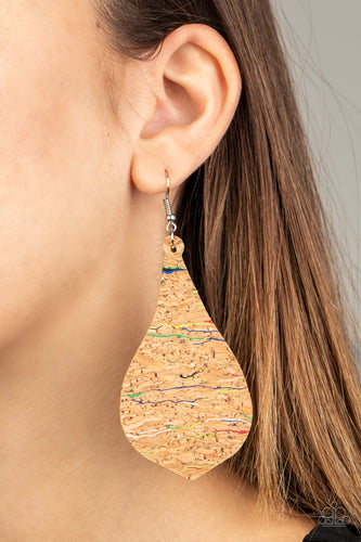 Streaked in colorful multicolored accents, a teardrop cork frame swings from the ear for a trendy vibe. Earring attaches to a standard fishhook fitting. Sold as one pair of earrings.