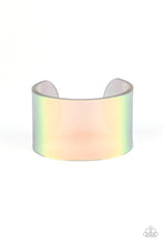 Load image into Gallery viewer, Featuring a holographic shimmer, a thick multicolored acrylic cuff wraps around the wrist for a retro inspired fashion.  Sold as one individual bracelet.
