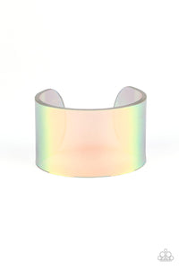 Featuring a holographic shimmer, a thick multicolored acrylic cuff wraps around the wrist for a retro inspired fashion.  Sold as one individual bracelet.