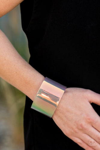 Featuring a holographic shimmer, a thick multicolored acrylic cuff wraps around the wrist for a retro inspired fashion.  Sold as one individual bracelet.