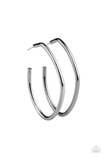 Load image into Gallery viewer, Brushed in a high sheen finish, a glistening gunmetal bar bends and curves into an asymmetrical hoop for a gritty finish. Earring attaches to a standard post fitting. Hoop measures approximately 1 3/4&quot; in diameter. Sold as one pair of hoop earrings.
