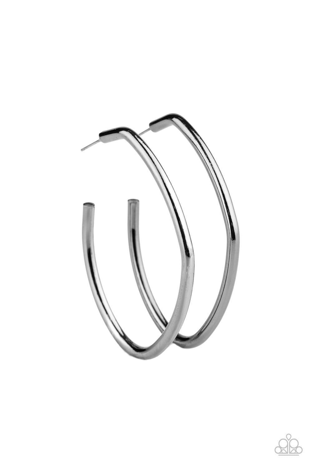 Brushed in a high sheen finish, a glistening gunmetal bar bends and curves into an asymmetrical hoop for a gritty finish. Earring attaches to a standard post fitting. Hoop measures approximately 1 3/4