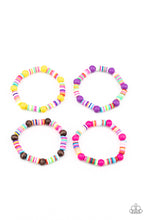 Load image into Gallery viewer, Bracelets in assorted colors and shapes. Featuring colorful wooden beads, a variety of rubbery multicolored accents are threaded along stretchy bands around the wrist.
