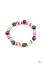 Load image into Gallery viewer, Bracelets in assorted colors and shapes. Featuring colorful wooden beads, a variety of rubbery multicolored accents are threaded along stretchy bands around the wrist.
