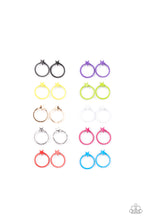 Load image into Gallery viewer, Earrings in assorted colors and hoop shapes. Dotted with dainty star frames, the dainty hoops vary in shades of black, purple, yellow, green, gold, white, silver, pink, red, and blue. Earrings attach to standard post fittings.
