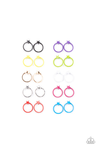 Earrings in assorted colors and hoop shapes. Dotted with dainty star frames, the dainty hoops vary in shades of black, purple, yellow, green, gold, white, silver, pink, red, and blue. Earrings attach to standard post fittings.