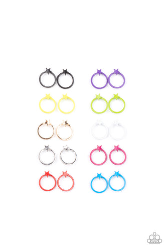 Earrings in assorted colors and hoop shapes. Dotted with dainty star frames, the dainty hoops vary in shades of black, purple, yellow, green, gold, white, silver, pink, red, and blue. Earrings attach to standard post fittings.