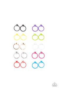Earrings in assorted colors and hoop shapes. Dotted with dainty star frames, the dainty hoops vary in shades of black, purple, yellow, green, gold, white, silver, pink, red, and blue. Earrings attach to standard post fittings.