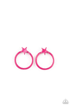 Load image into Gallery viewer, Earrings in assorted colors and hoop shapes. Dotted with dainty star frames, the dainty hoops vary in shades of black, purple, yellow, green, gold, white, silver, pink, red, and blue. Earrings attach to standard post fittings.
