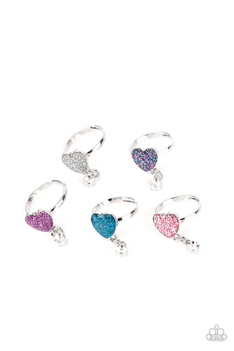 Rings in assorted colors and heart shapes. Featuring dangling white rhinestone accents, the glittery heart frames vary in shades purple, pink, blue, silver, and multicolored.