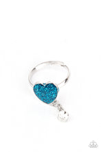 Load image into Gallery viewer, Blue glitter heart dangling white rhinestone silver ring.
