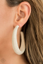 Load image into Gallery viewer, Earthy white twine-like cording is wrapped around a thick hoop, creating a colorful rustic display. Earring attaches to a standard post fitting. Hoop measures approximately 2 1/4&quot; in diameter.  Sold as one pair of hoop earrings.

