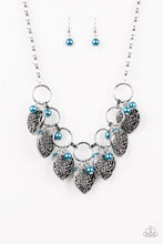 Load image into Gallery viewer, Infused with classic blue pearls, vintage locket-like heart frames swing from the bottoms of bold silver hoops, creating a flirtatious fringe below the collar. Features an adjustable clasp closure.  Sold as one individual necklace. Includes one pair of matching earrings.
