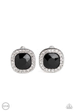 Load image into Gallery viewer, A border of glassy white rhinestones spins around a black gem center for a refined flair. Earring attaches to a standard clip-on fitting.  Sold as one pair of clip-on earrings.
