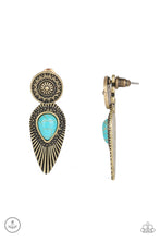 Load image into Gallery viewer, An ornate brass disc attaches to a double-sided post, designed to fasten behind the ear. Dotted with a turquoise stone center, the feathery double-sided post peeks out beneath the ear for a bold artisan look. Earring attaches to a standard post fitting.  Sold as one pair of double-sided post earrings.
