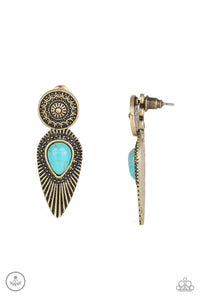 An ornate brass disc attaches to a double-sided post, designed to fasten behind the ear. Dotted with a turquoise stone center, the feathery double-sided post peeks out beneath the ear for a bold artisan look. Earring attaches to a standard post fitting.  Sold as one pair of double-sided post earrings.
