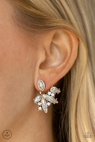 A solitaire white marquise cut rhinestone attaches to a double-sided post, designed to fasten behind the ear. Encrusted in a collision of mismatched white rhinestones, a double-sided post peeks out beneath the ear, creating a glittery fringe. Earring attaches to a standard post fitting.  Sold as one pair of double-sided post earrings.
