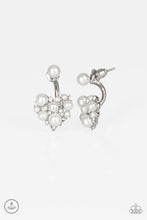 Load image into Gallery viewer, A solitaire white pearl attaches to a double-sided post, designed to fasten behind the ear. Radiating with dainty white rhinestones and matching pearls, the heart-shaped double sided-post peeks out beneath the ear for a refined look. Earring attaches to a standard post fitting.  Sold as one pair of double-sided post earrings.
