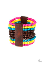 Load image into Gallery viewer, Infused with rectangular wooden beads, a collection of blue, brown, pink, and yellow wooden beads are threaded along stretchy bands for a summery flair.  Sold as one individual bracelet.
