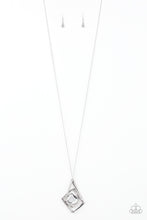 Load image into Gallery viewer, Dotted with glassy white rhinestones, antiqued silver bars twist and coil around a pentagonal white gem. The abstract pendant swings from the bottom of a lengthened silver chain for a modern look. Features an adjustable clasp closure.  Sold as one individual necklace. Includes one pair of matching earrings.

