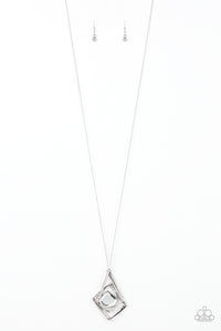 Dotted with glassy white rhinestones, antiqued silver bars twist and coil around a pentagonal white gem. The abstract pendant swings from the bottom of a lengthened silver chain for a modern look. Features an adjustable clasp closure.  Sold as one individual necklace. Includes one pair of matching earrings.
