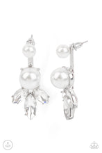 Load image into Gallery viewer, Attached to a sleek gold chain, an oversized white pearl delicately swings from the bottom of a classic white pearl, adding a timeless twist to the elegant display. Earring attaches to a standard post fitting.  Sold as one pair of post earrings.
