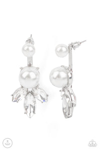 Attached to a sleek gold chain, an oversized white pearl delicately swings from the bottom of a classic white pearl, adding a timeless twist to the elegant display. Earring attaches to a standard post fitting.  Sold as one pair of post earrings.