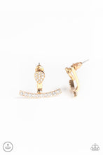 Load image into Gallery viewer, Encrusted in glassy white rhinestones, a dainty gold teardrop attaches to a double-sided post, designed to fasten behind the ear. Radiating with a row of glassy white rhinestones, a bowing gold frame peeks out beneath the ear for a bold look. Earring attaches to a standard post fitting.  Sold as one pair of double-sided post earrings.

