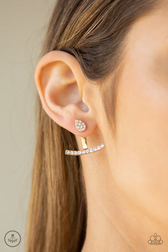 Encrusted in glassy white rhinestones, a dainty gold teardrop attaches to a double-sided post, designed to fasten behind the ear. Radiating with a row of glassy white rhinestones, a bowing gold frame peeks out beneath the ear for a bold look. Earring attaches to a standard post fitting.  Sold as one pair of double-sided post earrings.