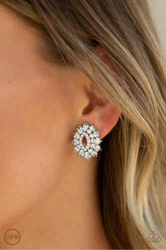 Varying in size, frames for glass white rhinestones stack into a glamorous frame for blinding look. Earring attaches to a standard clip-on fitting.  Sold as one pair of clip-on earrings.