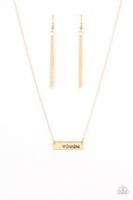 Load image into Gallery viewer, A shimmery gold frame stamped with the word, &quot;Grandma&quot;, is suspended horizontally below the collar for a sentimental fashion. Features an adjustable clasp closure.  Sold as one individual necklace. Includes one pair of matching earrings.

