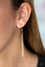 Load image into Gallery viewer, Chains hanging from a gold fish hook earring.
