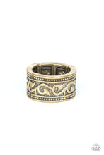 Load image into Gallery viewer, A thick antiqued brass band has been embossed in a vine-like pattern for a rugged look. Features a stretchy band for a flexible fit.  Sold as one individual ring.
