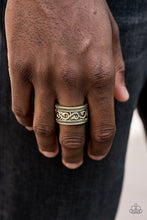 Load image into Gallery viewer, A thick antiqued brass band has been embossed in a vine-like pattern for a rugged look. Features a stretchy band for a flexible fit.  Sold as one individual ring.
