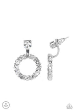 Load image into Gallery viewer, A solitaire white rhinestone attaches to a double-sided post, designed to fasten behind the ear. Encrusted in a ring of glassy white rhinestones, the glittery hoop peeks out beneath the ear for a glamorous look. Earring attaches to a standard post fitting.  Sold as one pair of double-sided post earrings.
