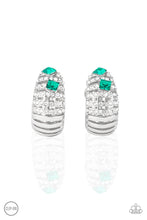 Load image into Gallery viewer, Dotted with a pair of green rhinestones, row after row of white rhinestone encrusted bars fade into a stacked silver frame for a refined flair. Earring attaches to a standard clip-on earrings.  Sold as one pair of clip-on earrings.
