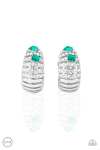 Dotted with a pair of green rhinestones, row after row of white rhinestone encrusted bars fade into a stacked silver frame for a refined flair. Earring attaches to a standard clip-on earrings.  Sold as one pair of clip-on earrings.
