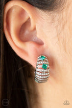 Load image into Gallery viewer, Dotted with a pair of green rhinestones, row after row of white rhinestone encrusted bars fade into a stacked silver frame for a refined flair. Earring attaches to a standard clip-on earrings.  Sold as one pair of clip-on earrings.
