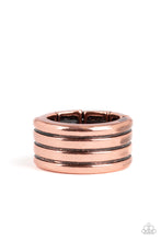 Load image into Gallery viewer, Row after row of horizontal lines are engraved across the front of a thick copper band for a rustic look. Features a stretchy band for a flexible fit.  Sold as one individual ring.
