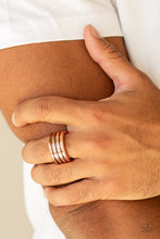 Load image into Gallery viewer, Row after row of horizontal lines are engraved across the front of a thick copper band for a rustic look. Features a stretchy band for a flexible fit.  Sold as one individual ring.
