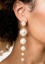 Load image into Gallery viewer, Attached to a matching pearl beaded gold fitting, a bubbly collection of pearls decrease in size as they trickle from the ear, linking into a dramatically elegant lure. Earring attaches to a standard post fitting.
