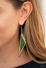 Load image into Gallery viewer, Featuring an abstract pattern, a green acrylic triangle is suspended between two shimmery silver triangular frames, creating a colorfully edgy lure. Earring attaches to a standard fishhook fitting.
