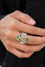 Load image into Gallery viewer, Featuring an abstract pattern, a pair of green triangular acrylic frames flank an airy silver band pieced together by stenciled geometric patterns for an edgy look. Features a stretchy band for a flexible fit.
