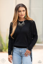 Load image into Gallery viewer, Triangular Silver Frames Necklace Set. Including earrings, bracelet and ring displayed on a Model.
